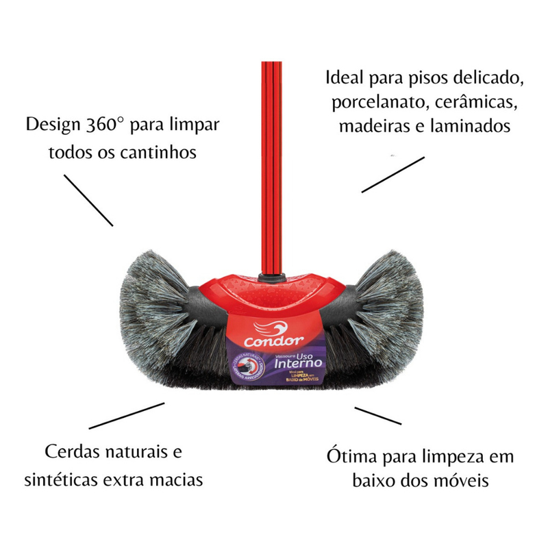 Vassoura Bola CONDOR PELO NATURAL Cerdas Crina Uso Interno Não Risca Chão Porcelanato Teto Com Cabo